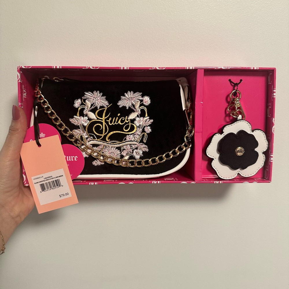 Juicy Couture Black Velvet Embroidered Chain Shoulder Bag with Flower Charm